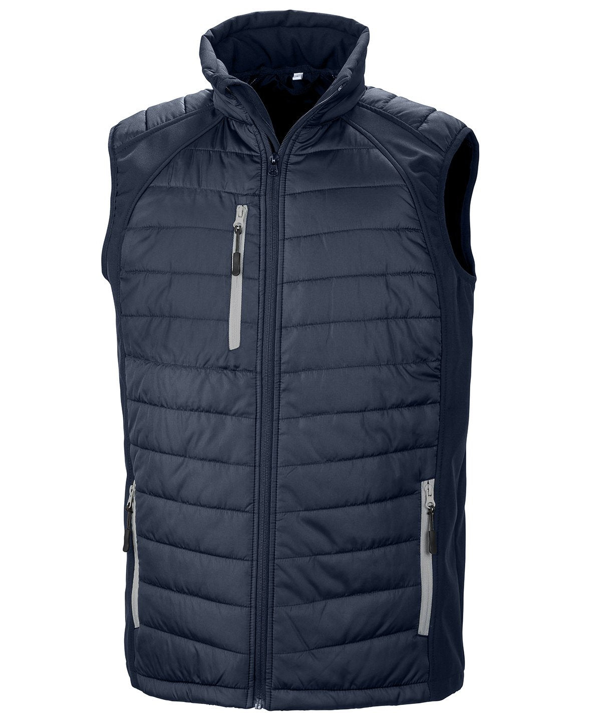 R238X Compass hybrid gilet in Navy with Grey zippers showing the quilted padded core and flexible softshell side panels.