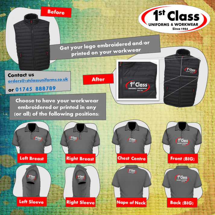 Promotional graphic for 1st Class Uniforms & Workwear showing before and after images of a black vest with embroidered branding.