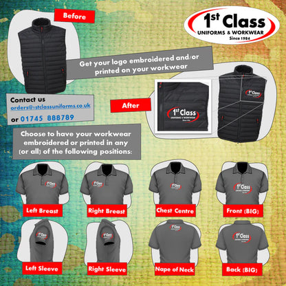 Promotional graphic for 1st Class Uniforms & Workwear showing before and after images of a black vest with embroidered branding.