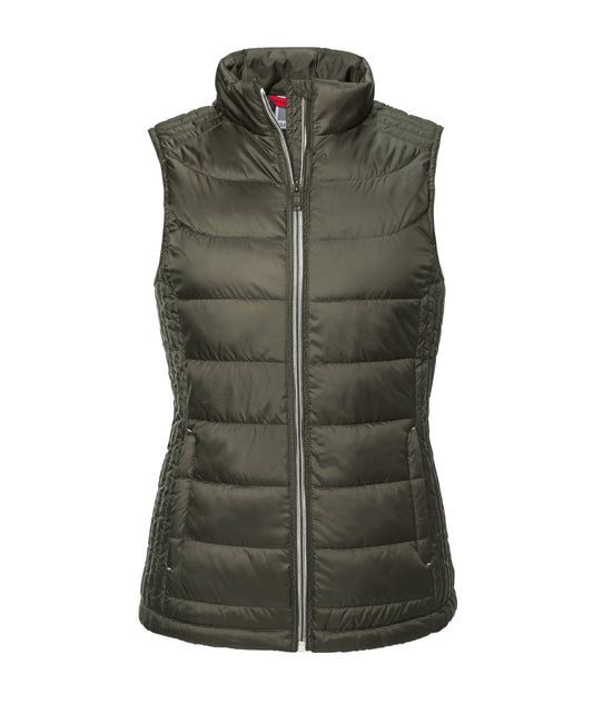 Women’s J441F Nano bodywarmer in Dark Olive showing the slim-line quilted design and tailored feminine fit.