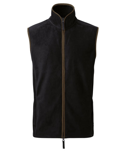 PR803 Artisan fleece gilet in Black with contrast Brown trim and full-length two-way zipper for professional hospitality workwear.