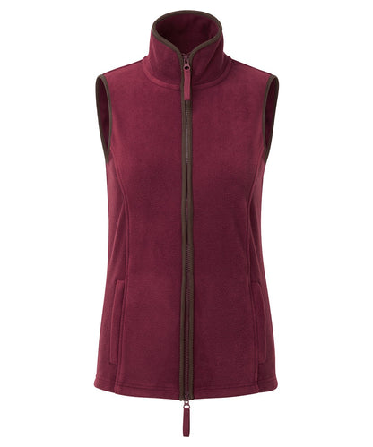 Women's PR804 artisan fleece gilet in Burgundy with tailored curved hem and contrast Brown trim for professional hospitality uniforms