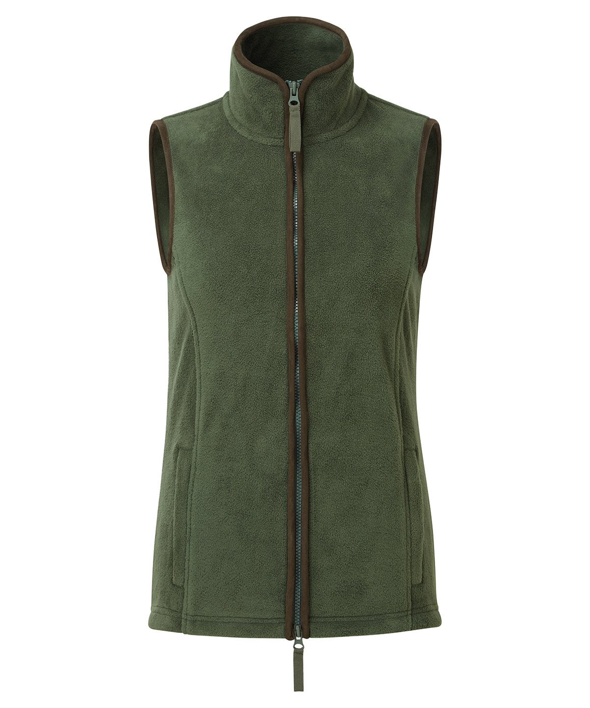 Women's PR804 artisan fleece gilet in Moss Green with tailored curved hem and contrast Brown trim for professional hospitality uniforms