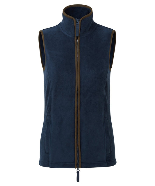 Women's PR804 artisan fleece gilet in Navy with tailored curved hem and contrast Brown trim for professional hospitality uniforms