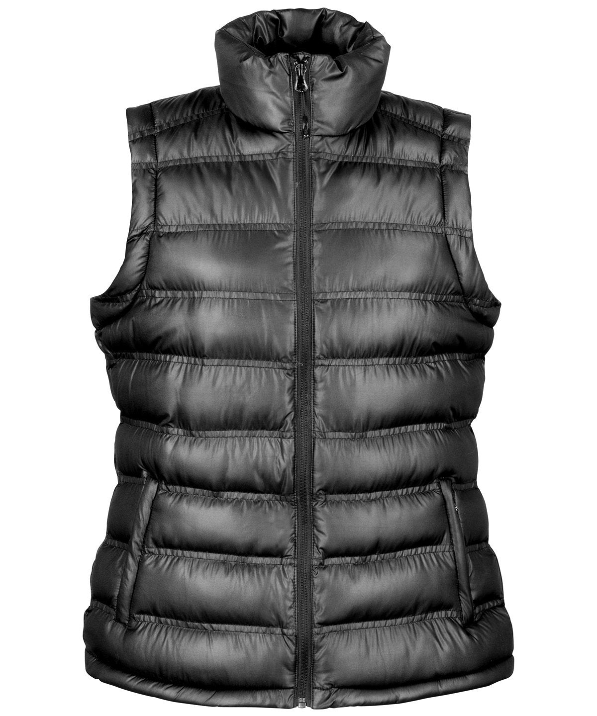 Women’s R193F Ice Bird padded gilet in Black showing the horizontal quilting and flattering tailored fit.