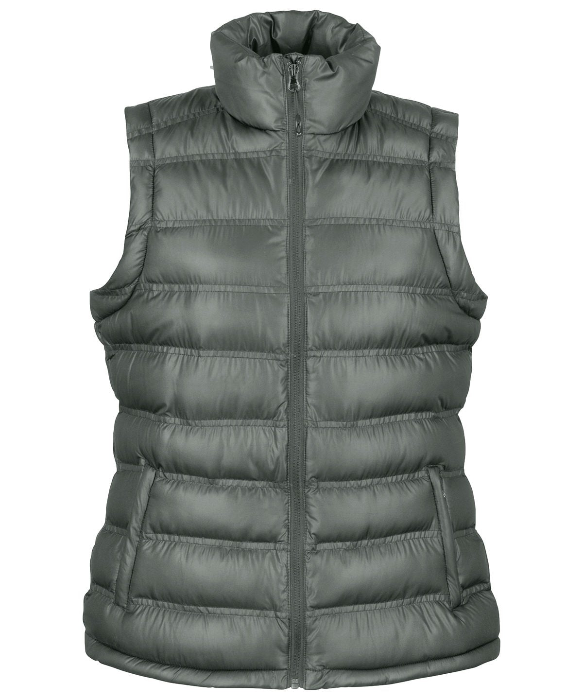 Women’s R193F Ice Bird padded gilet in Frost Grey showing the horizontal quilting and flattering tailored fit.