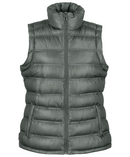 Women’s R193F Ice Bird padded gilet in Frost Grey showing the horizontal quilting and flattering tailored fit.