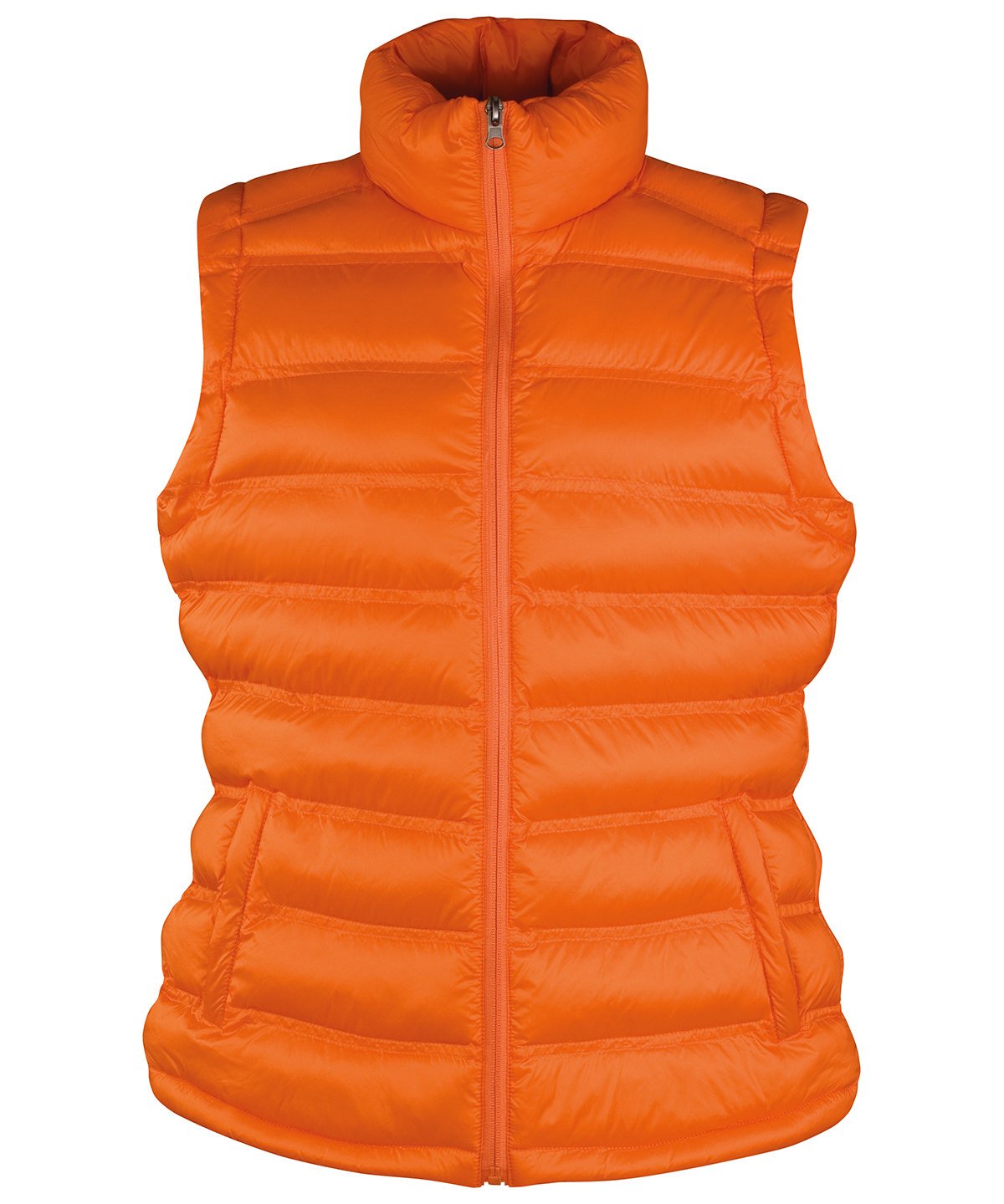 Women’s R193F Ice Bird padded gilet in Orange showing the horizontal quilting and flattering tailored fit.