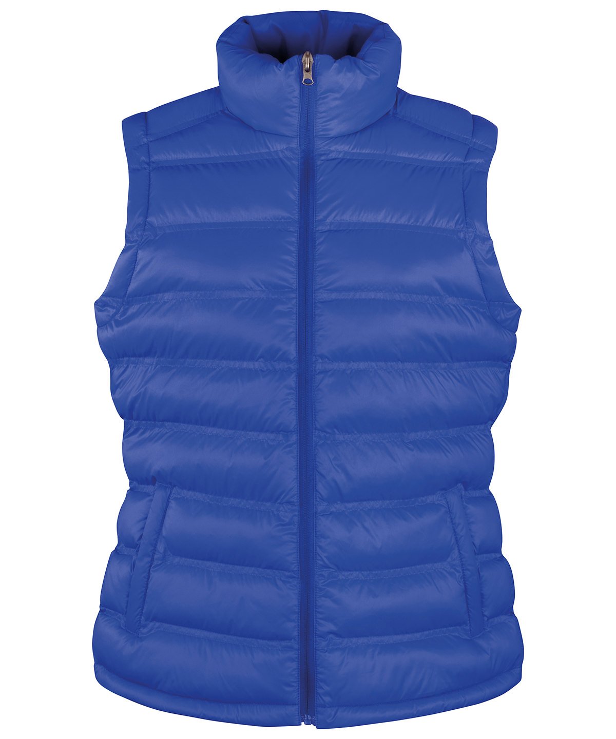 Women’s R193F Ice Bird padded gilet in Royal showing the horizontal quilting and flattering tailored fit.