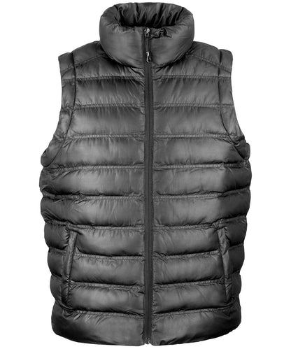R193M Ice Bird padded gilet in Blackfeaturing a horizontal quilted design and full-zip front for outdoor warmth.
