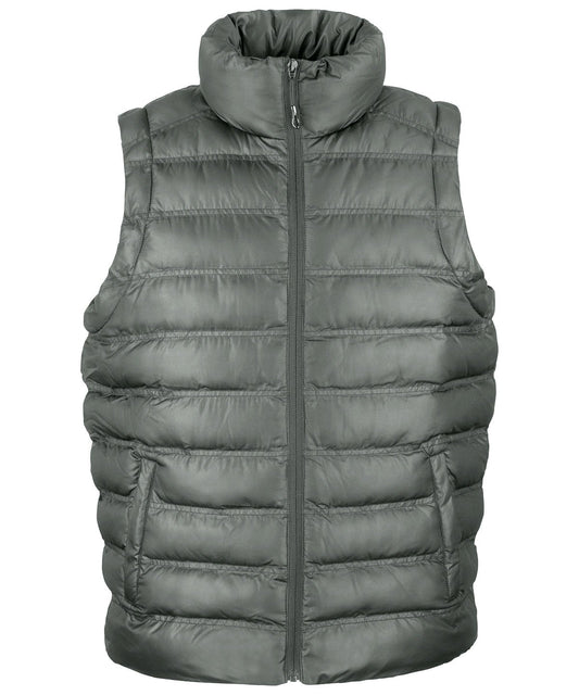 R193M Ice Bird padded gilet in Frost Grey featuring a horizontal quilted design and full-zip front for outdoor warmth.