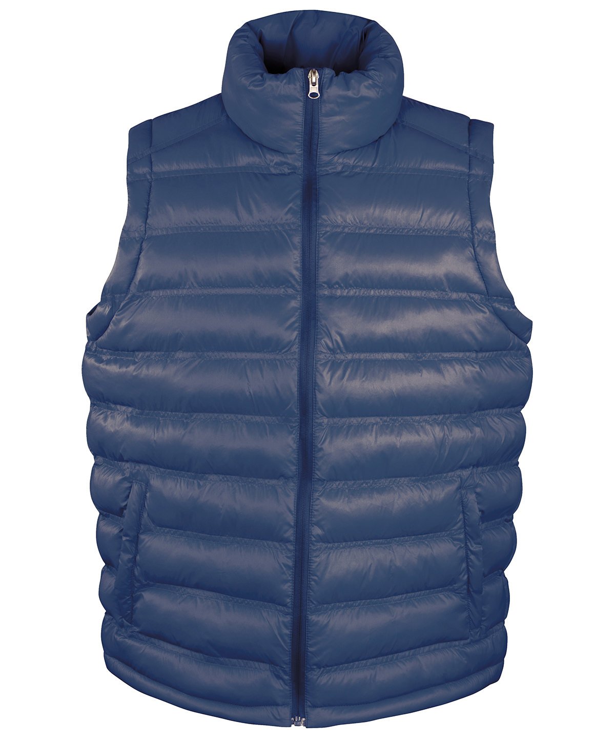 R193M Ice Bird padded gilet in Navy featuring a horizontal quilted design and full-zip front for outdoor warmth.