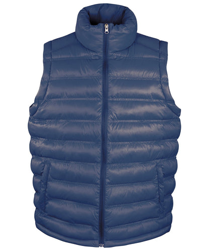 R193M Ice Bird padded gilet in Navy featuring a horizontal quilted design and full-zip front for outdoor warmth.