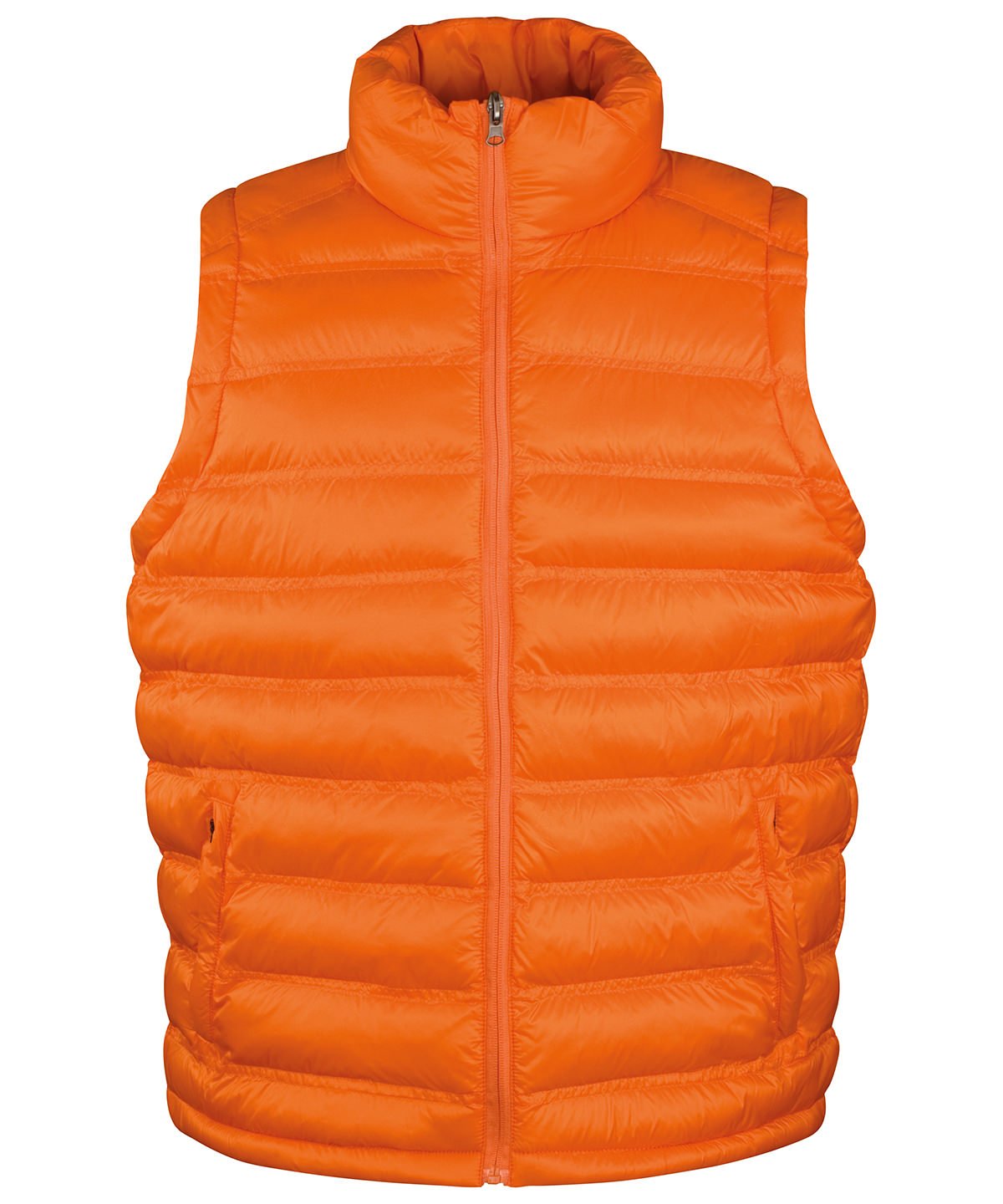 R193M Ice Bird padded gilet in Orange featuring a horizontal quilted design and full-zip front for outdoor warmth.