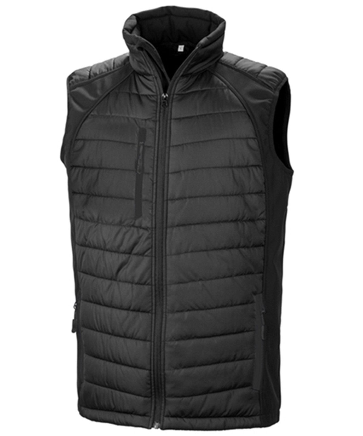 R238X Compass hybrid gilet in Black with Black zippers showing the quilted padded core and flexible softshell side panels.