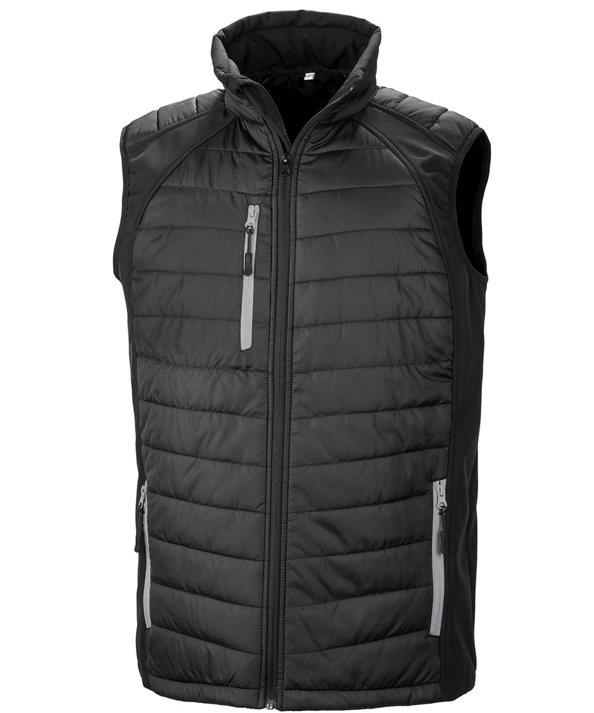 R238X Compass hybrid gilet in Black with Grey zippers showing the quilted padded core and flexible softshell side panels.