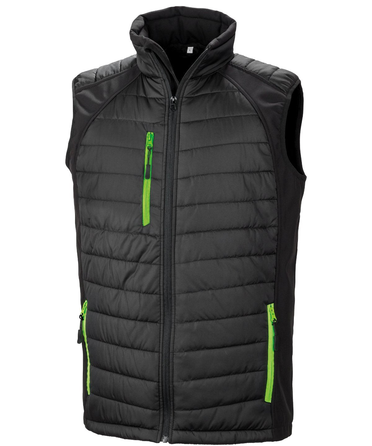 R238X Compass hybrid gilet in Black with Lime zippers showing the quilted padded core and flexible softshell side panels.