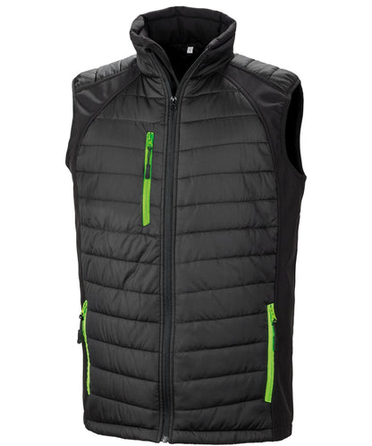 R238X Compass hybrid gilet in Black with Lime zippers showing the quilted padded core and flexible softshell side panels.