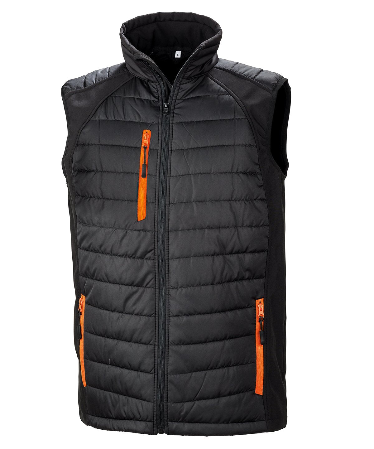 R238X Compass hybrid gilet in Black with Orange zippers showing the quilted padded core and flexible softshell side panels.