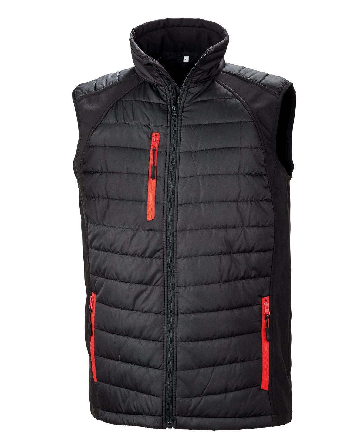 R238X Compass hybrid gilet in Black with Red zippers showing the quilted padded core and flexible softshell side panels.