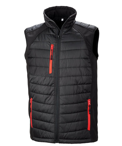 R238X Compass hybrid gilet in Black with Red zippers showing the quilted padded core and flexible softshell side panels.