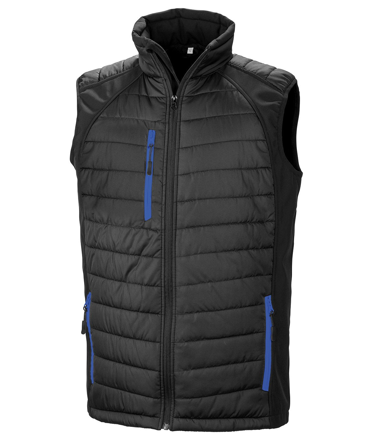 R238X Compass hybrid gilet in Black with Blue zippers showing the quilted padded core and flexible softshell side panels.