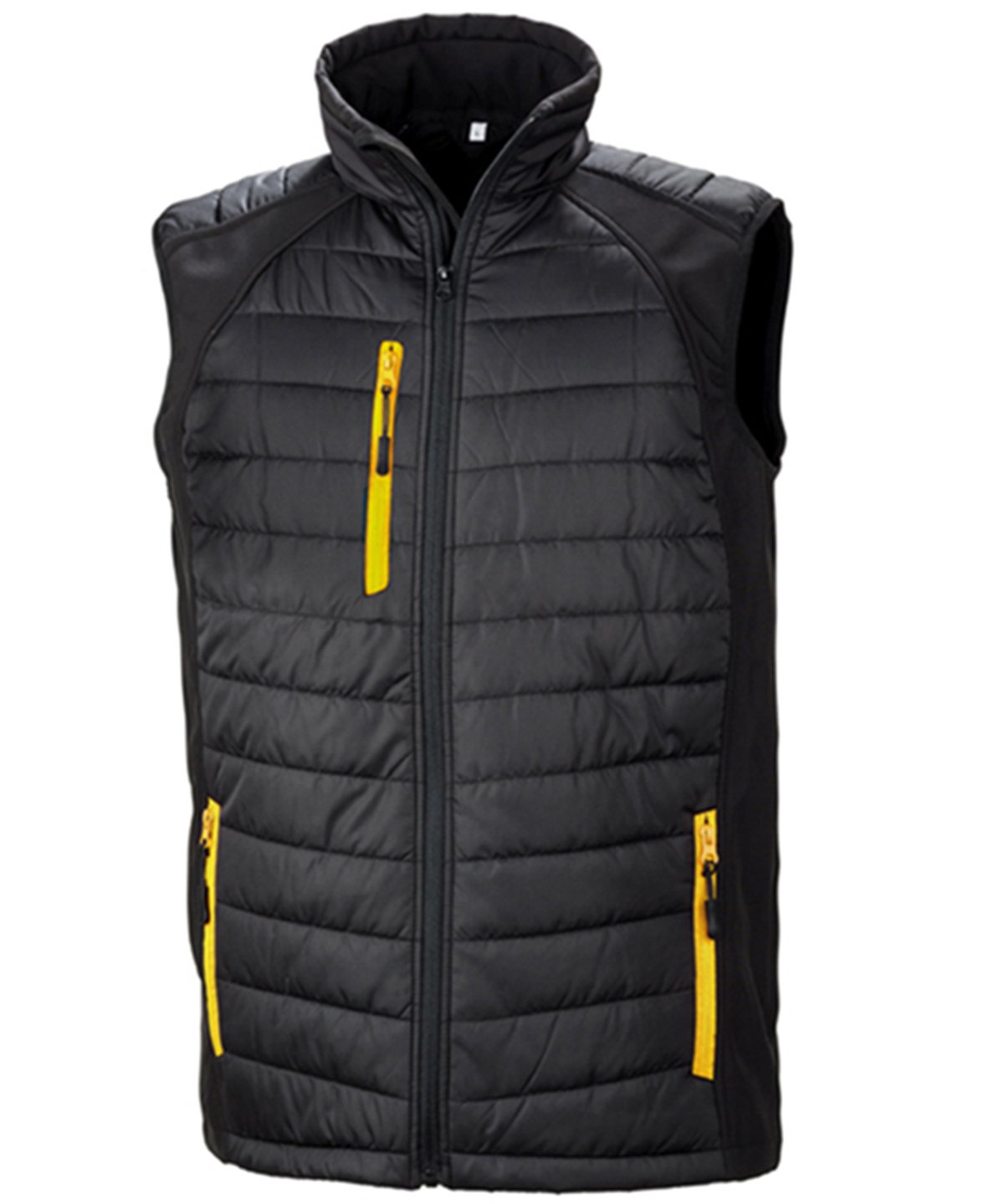 R238X Compass hybrid gilet in Black with Yellow zippers showing the quilted padded core and flexible softshell side panels.