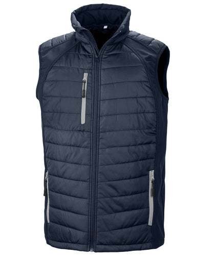 R238X Compass hybrid gilet in Navy with Grey zippers showing the quilted padded core and flexible softshell side panels.