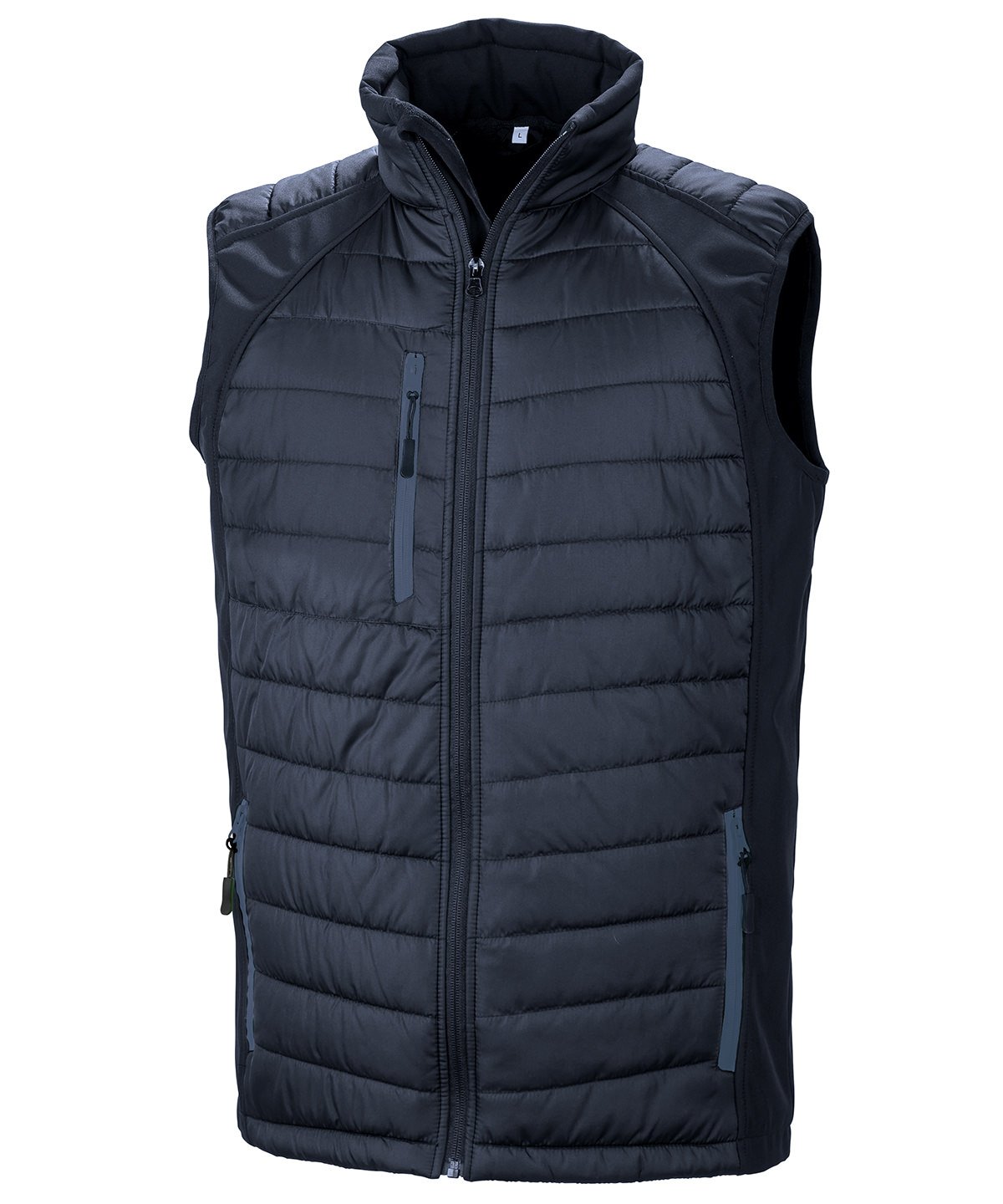 R238X Compass hybrid gilet in Navy with Navy zippers showing the quilted padded core and flexible softshell side panels.