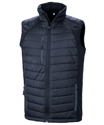 R238X Compass hybrid gilet in Navy with Navy zippers showing the quilted padded core and flexible softshell side panels.