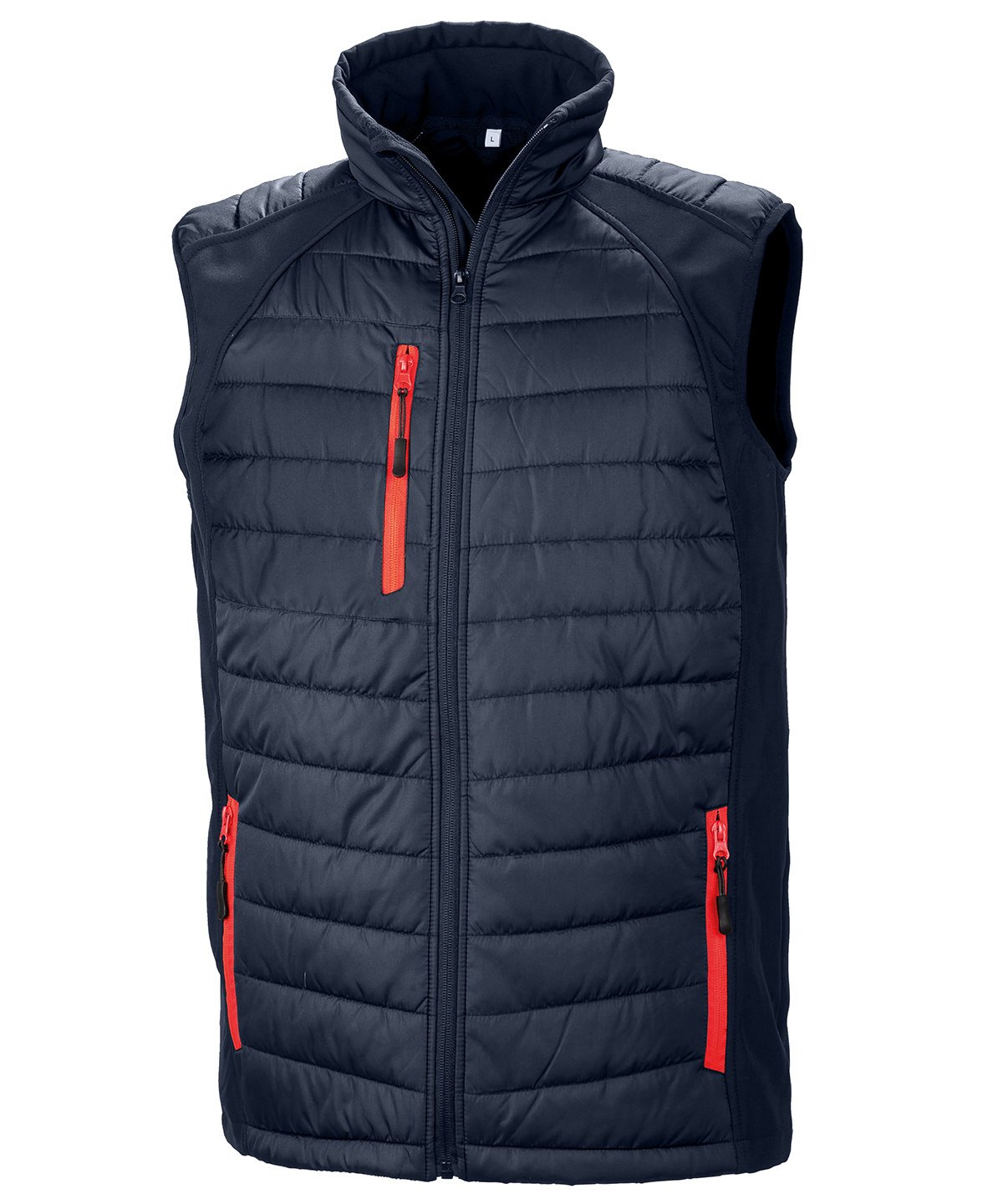 R238X Compass hybrid gilet in Navy with Red zippers showing the quilted padded core and flexible softshell side panels.