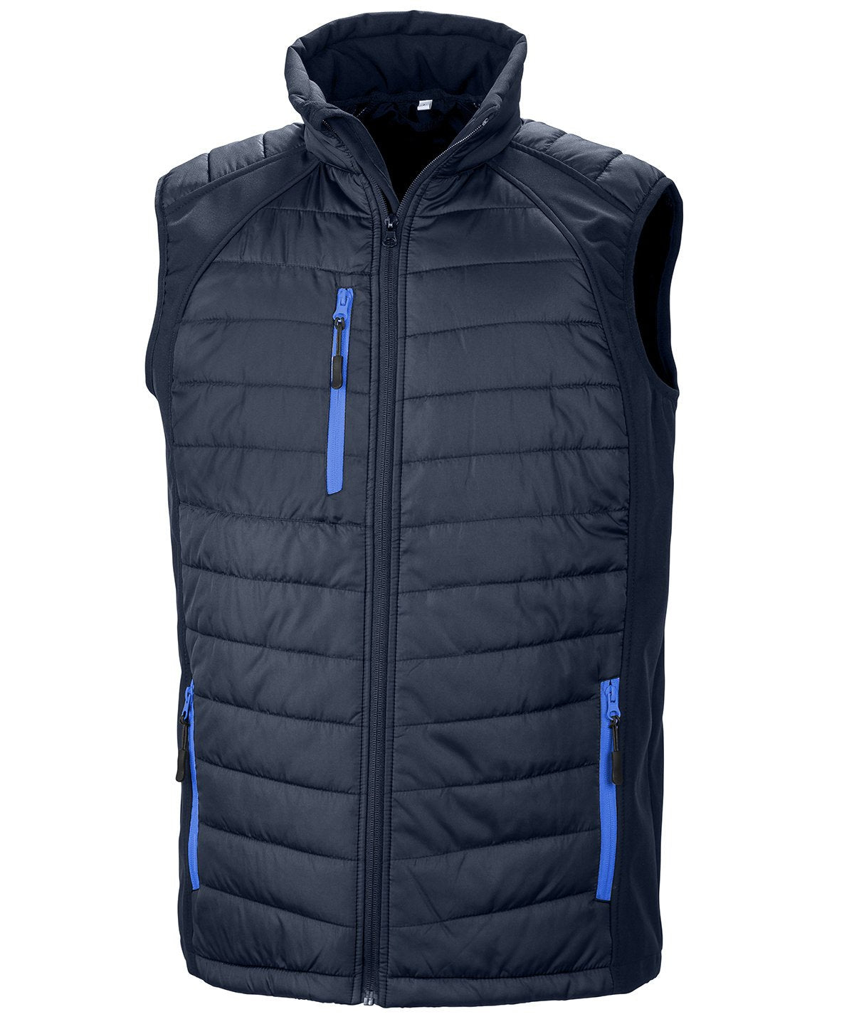 R238X Compass hybrid gilet in Navy with Blue zippers showing the quilted padded core and flexible softshell side panels.
