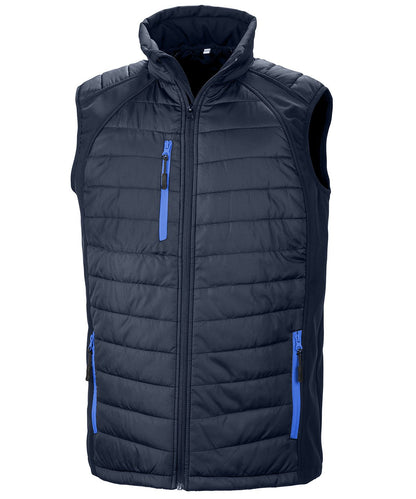 R238X Compass hybrid gilet in Navy with Blue zippers showing the quilted padded core and flexible softshell side panels.