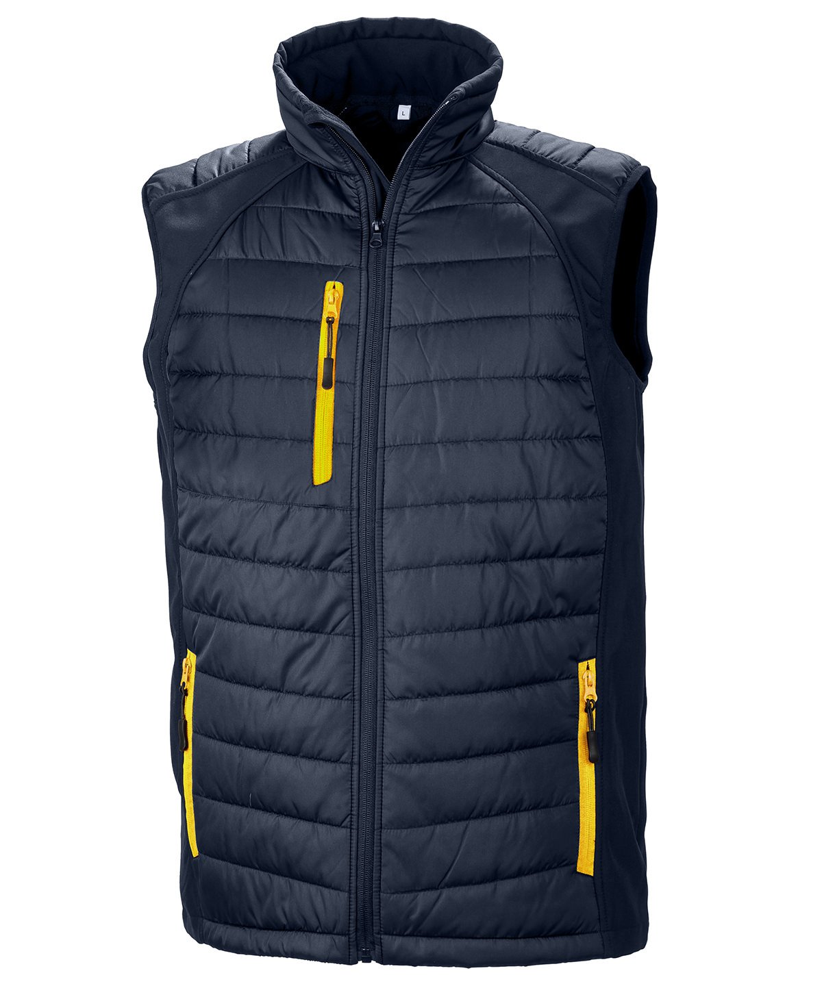 R238X Compass hybrid gilet in Navy with Yellow zippers showing the quilted padded core and flexible softshell side panels.