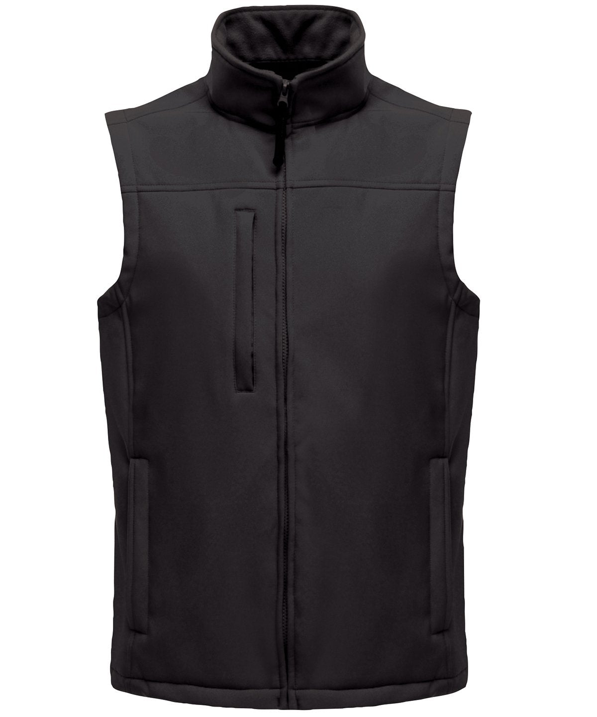 RG154 Flux softshell bodywarmer in Black showing the smooth 3-layer technical fabric and full-zip front.