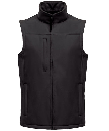 RG154 Flux softshell bodywarmer in Black showing the smooth 3-layer technical fabric and full-zip front.