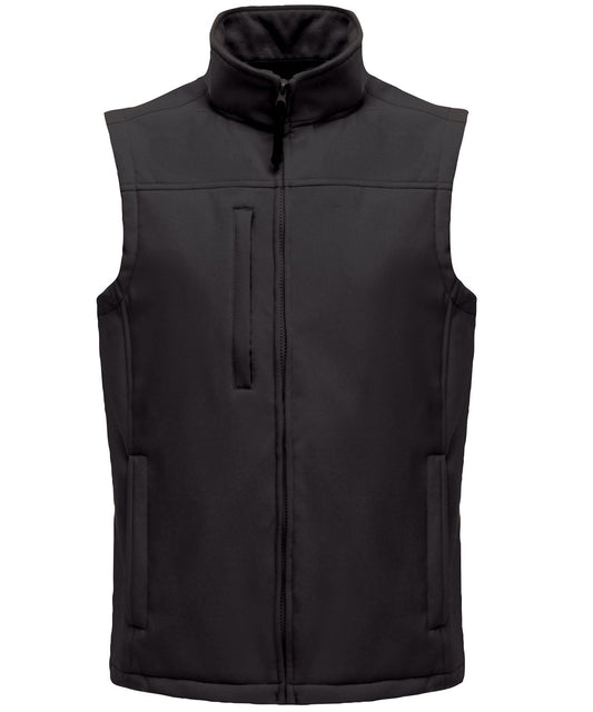 RG154 Flux softshell bodywarmer in Black showing the smooth 3-layer technical fabric and full-zip front.