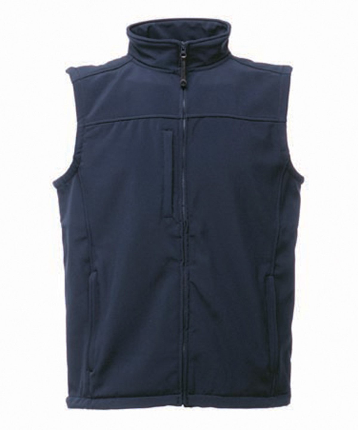RG154 Flux softshell bodywarmer in Navy showing the smooth 3-layer technical fabric and full-zip front.