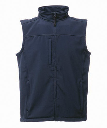 RG154 Flux softshell bodywarmer in Navy showing the smooth 3-layer technical fabric and full-zip front.