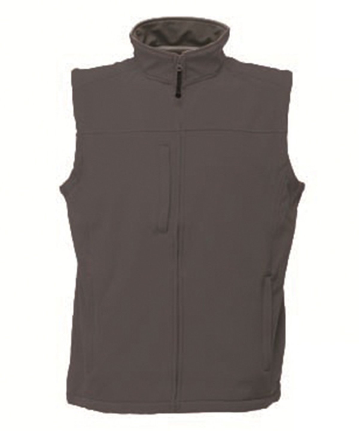 RG154 Flux softshell bodywarmer in Seal Grey showing the smooth 3-layer technical fabric and full-zip front.
