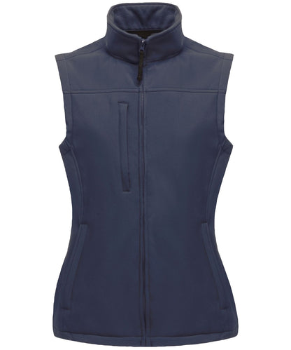 Women’s RG155 Flux softshell gilet in Navy showing the 3-layer technical fabric and tailored feminine cut.