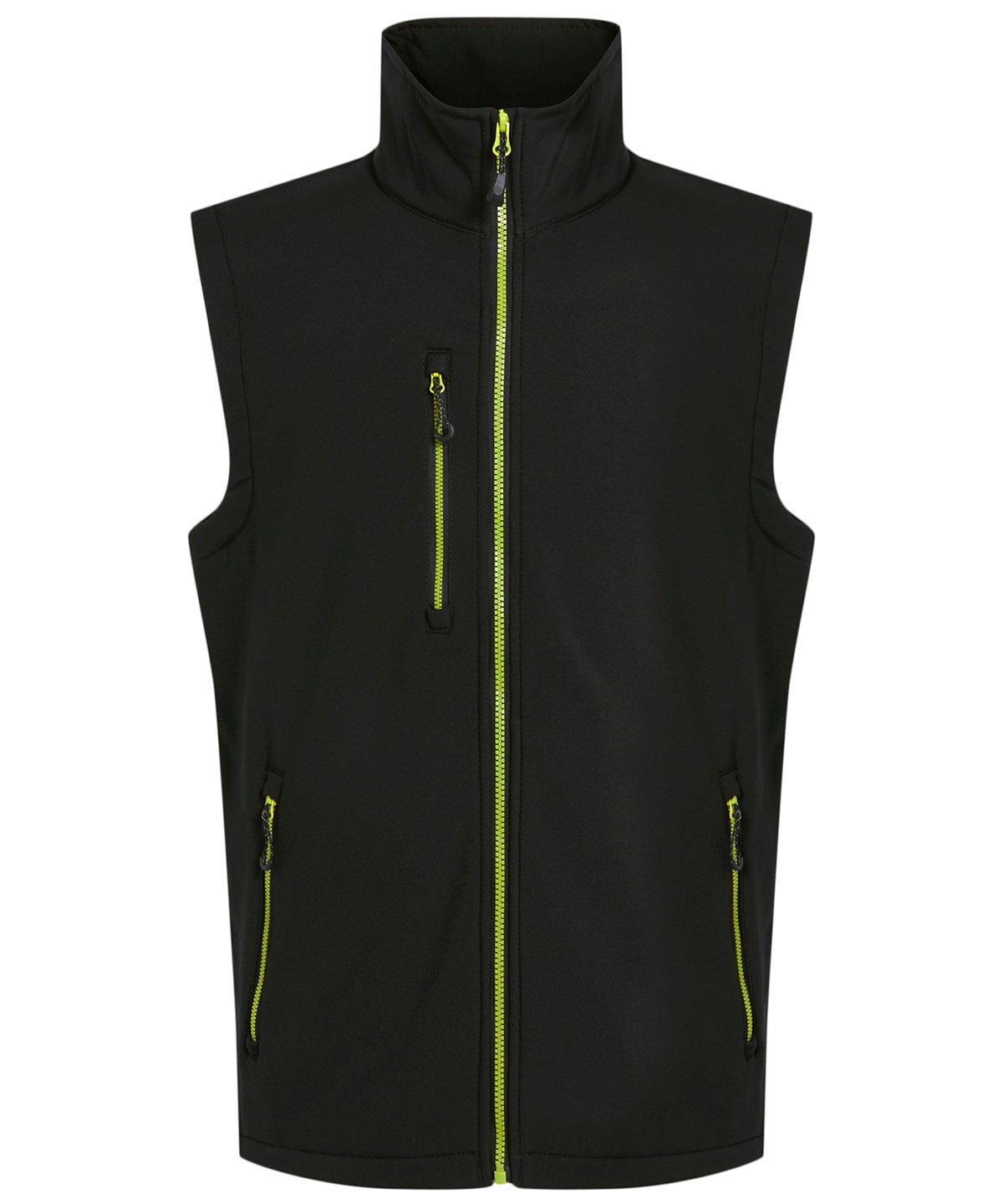 RG595 Navigate 2-layer softshell bodywarmer in Black/Lime showing the sleek woven fabric and athletic fit.