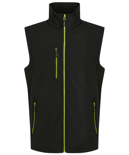 RG595 Navigate 2-layer softshell bodywarmer in Black/Lime showing the sleek woven fabric and athletic fit.