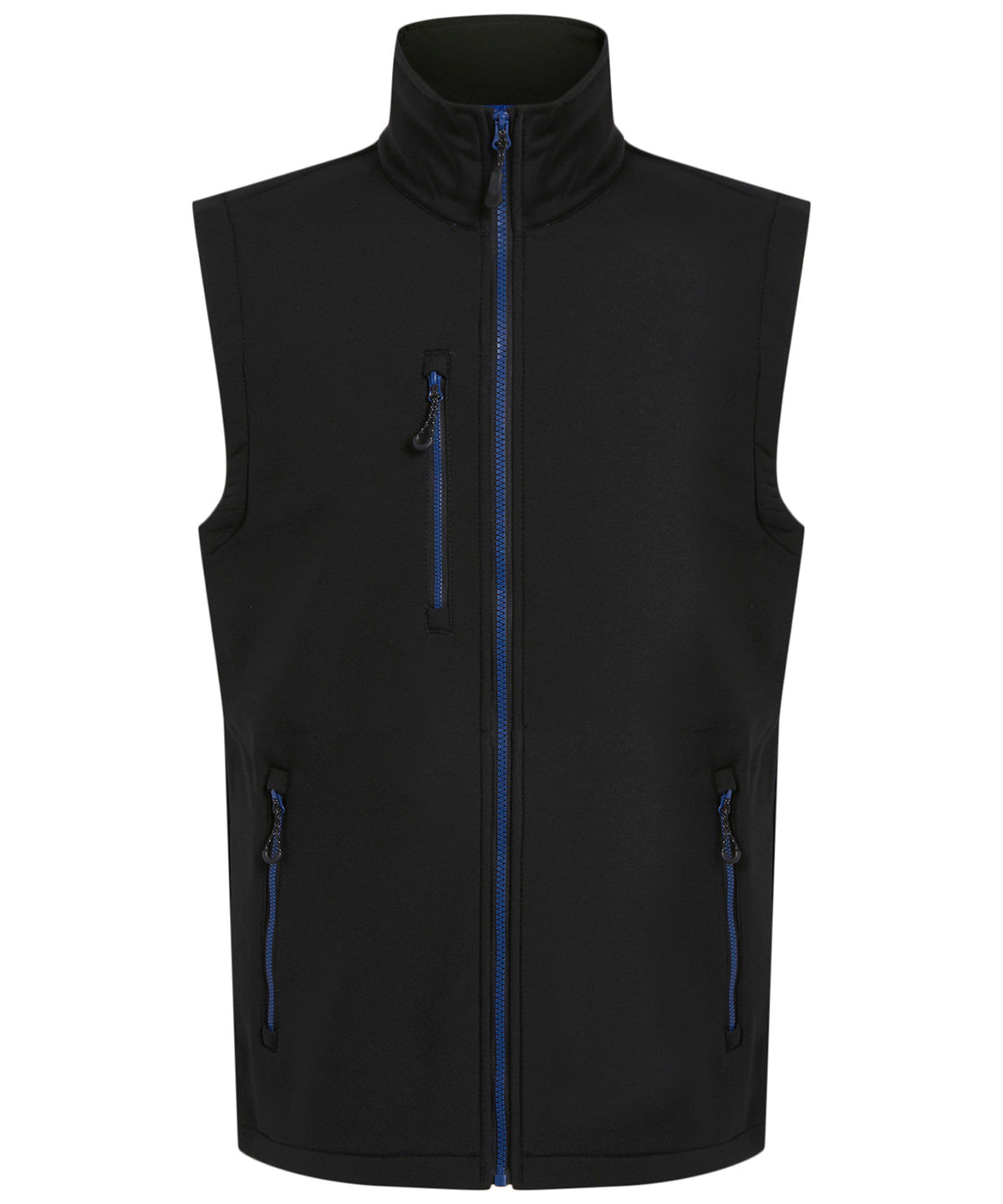 RG595 Navigate 2-layer softshell bodywarmer in Black/New Royal showing the sleek woven fabric and athletic fit.