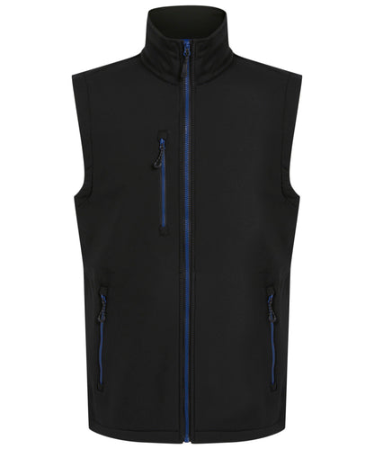 RG595 Navigate 2-layer softshell bodywarmer in Black/New Royal showing the sleek woven fabric and athletic fit.