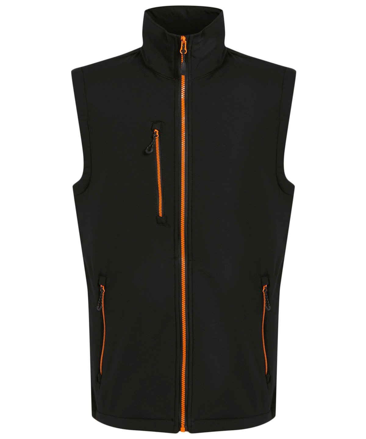 RG595 Navigate 2-layer softshell bodywarmer in Black/Orange showing the sleek woven fabric and athletic fit.