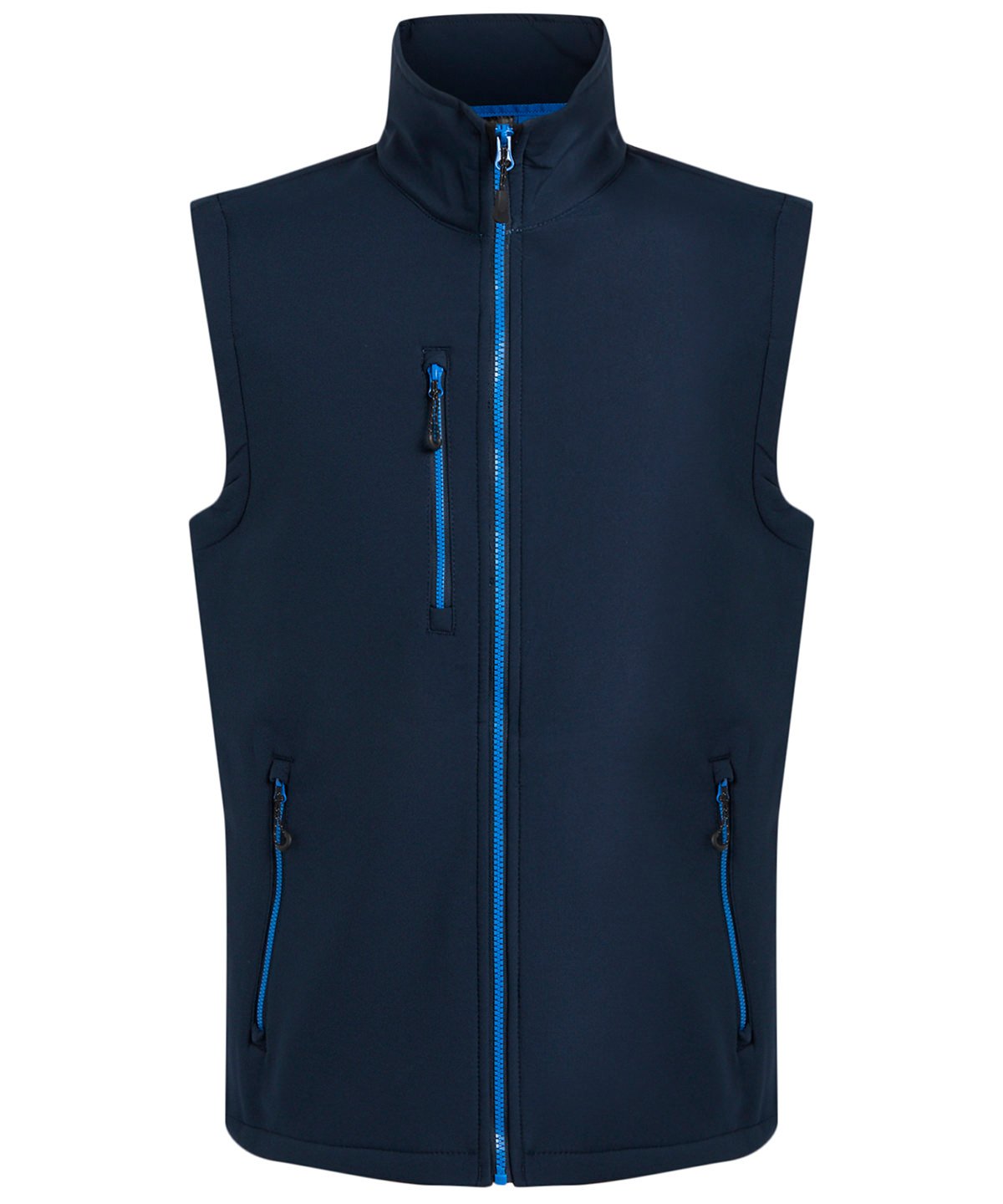 RG595 Navigate 2-layer softshell bodywarmer in Navy/French Blue showing the sleek woven fabric and athletic fit.