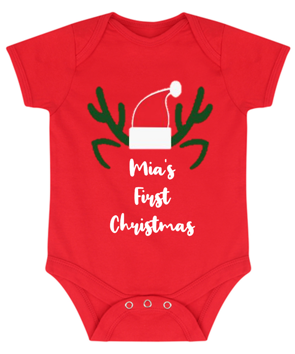 Personalised Christmas Baby Vest - Red - Antlers & Santa Hat