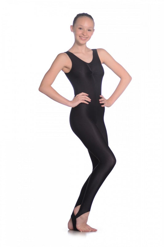 Sleeveless Catsuit with Scooped Neck and Stirrups with Gathered Bustline
